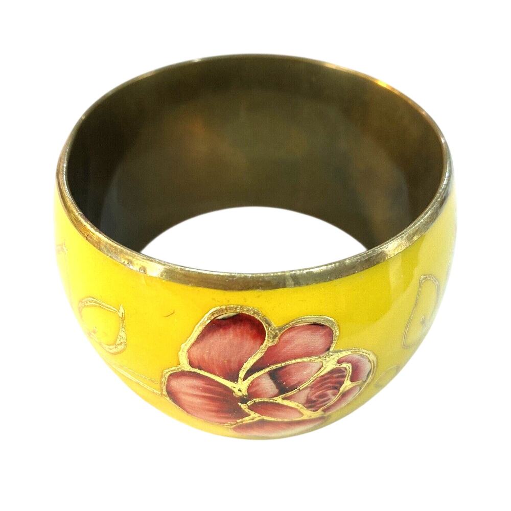 Brass bangle bracelet mod 70's mustard yellow & pink enamel floral Boho festival